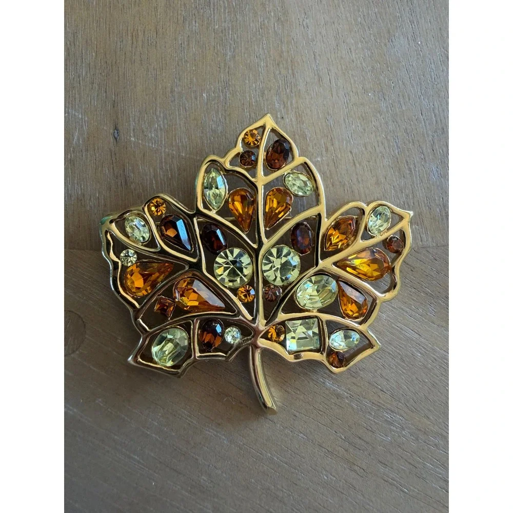 Nolan Miller Maple Leaf Brooch Citrine Amber Crystal Rhinestones